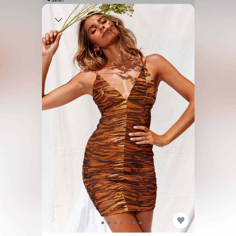Selfie Leslie tiger print mesh strappy back ruched dress. Never worn, medium